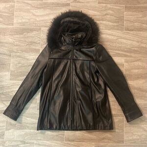 TT Leathers Chocolat Black Leather Jacket with Removable Fur Hood Womens XL